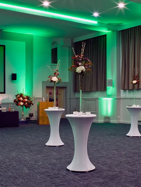 Woburn Hall with standing tables for exhibition