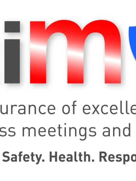 Logo with 'aim' in bold black and red text, next to a blue shield with a checkmark. Below, it reads: 'An assurance of excellence in business meetings and events. Service. Safety. Health. Responsibility.