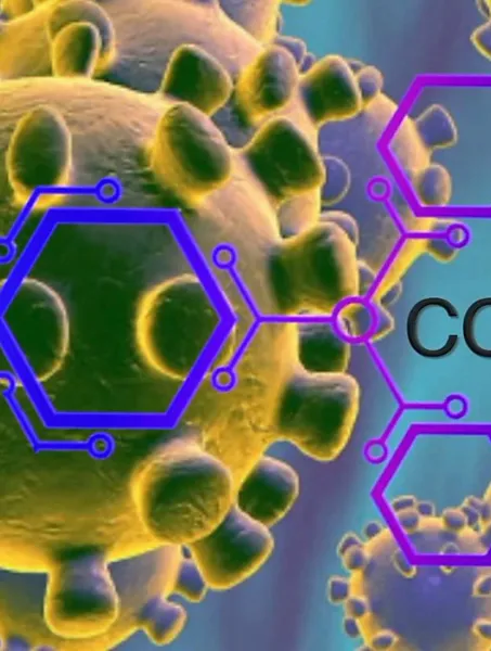 Close-up illustration of COVID-19 virus particles in green and yellow hues with purple molecular structures overlayed. Text reads "COVID-19."
