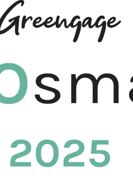 Circular badge with the words "Greengage ECOSmart 2025" in bold black and teal text. Grey border has text "HOTELS" and "VENUES," suggesting eco-friendly certification.