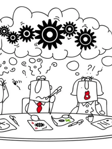 Cartoon of four confused people around a table, with tangled gears in a thought cloud above. Papers and coffee cups scattered; tone is perplexed and chaotic.