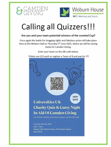 Flyer for "Universities UK Charity Quiz & Curry Night" on 5th June 2025 at Woburn House. Includes Camden Giving logos, QR code, ticket info, and quirky lightbulb illustrations.