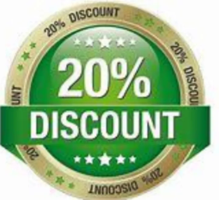 A green and gold circular badge with "20% Discount" in bold white letters. Stars adorn the design, creating a promotional, enticing tone.