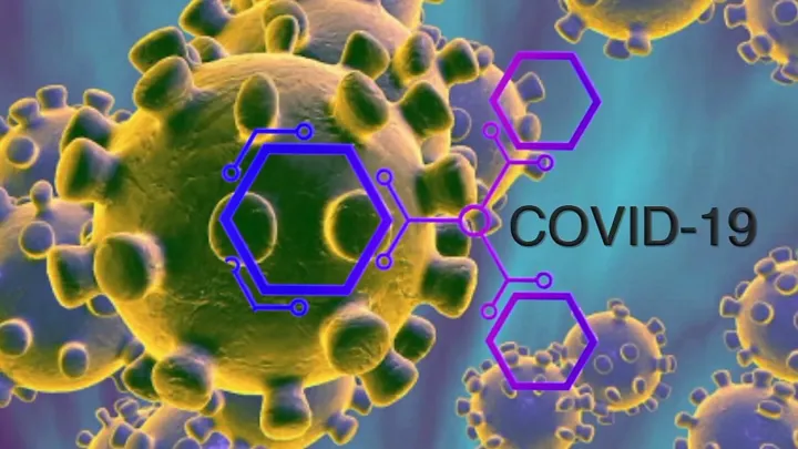 Close-up illustration of COVID-19 virus particles in green and yellow hues with purple molecular structures overlayed. Text reads "COVID-19."