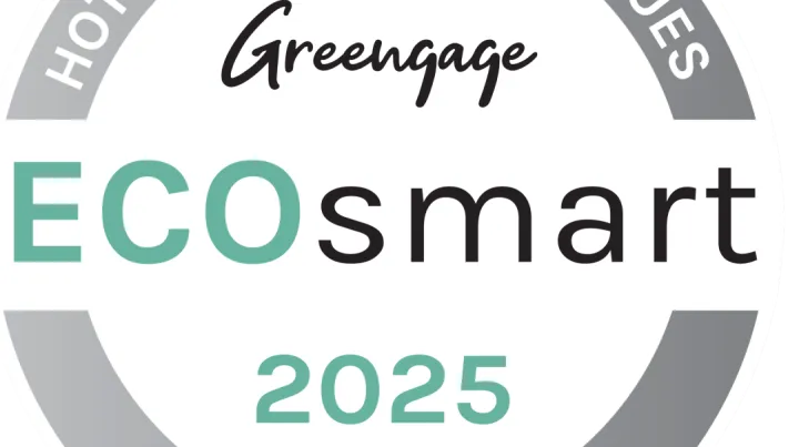 Circular badge with the words "Greengage ECOSmart 2025" in bold black and teal text. Grey border has text "HOTELS" and "VENUES," suggesting eco-friendly certification.