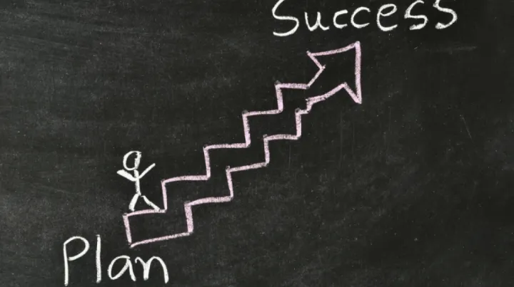 A stick figure climbs chalk-drawn stairs on a blackboard, moving from the word "Plan" at the bottom to "Success" at the top, symbolizing progress.