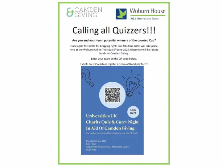 Flyer for "Universities UK Charity Quiz & Curry Night" on 5th June 2025 at Woburn House. Includes Camden Giving logos, QR code, ticket info, and quirky lightbulb illustrations.
