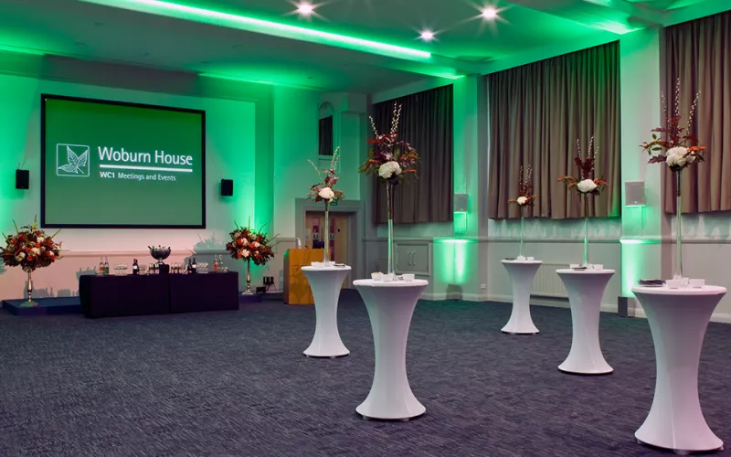 Woburn Hall with standing tables for exhibition